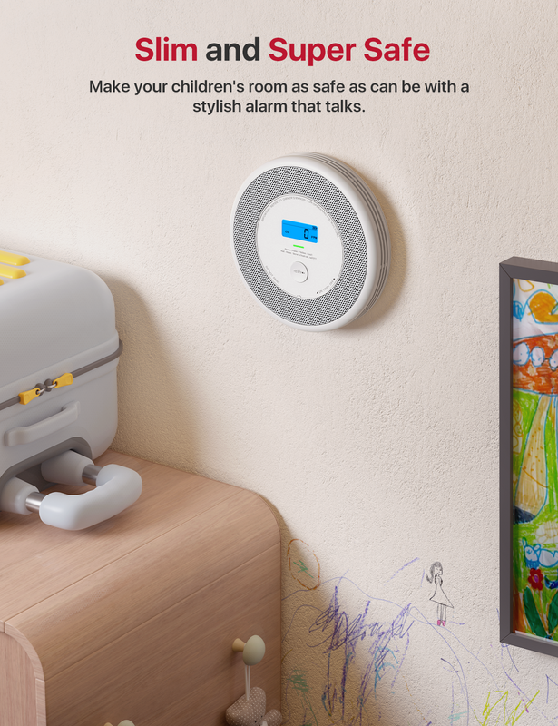 X-Sense XP0A-MR smart fire alarm and carbon monoxide detector on a wall in a child's room.