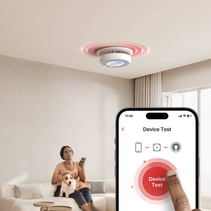 a person controls the X-Sense SC07-MR combination smoke and carbon monoxide detector via a mobile app