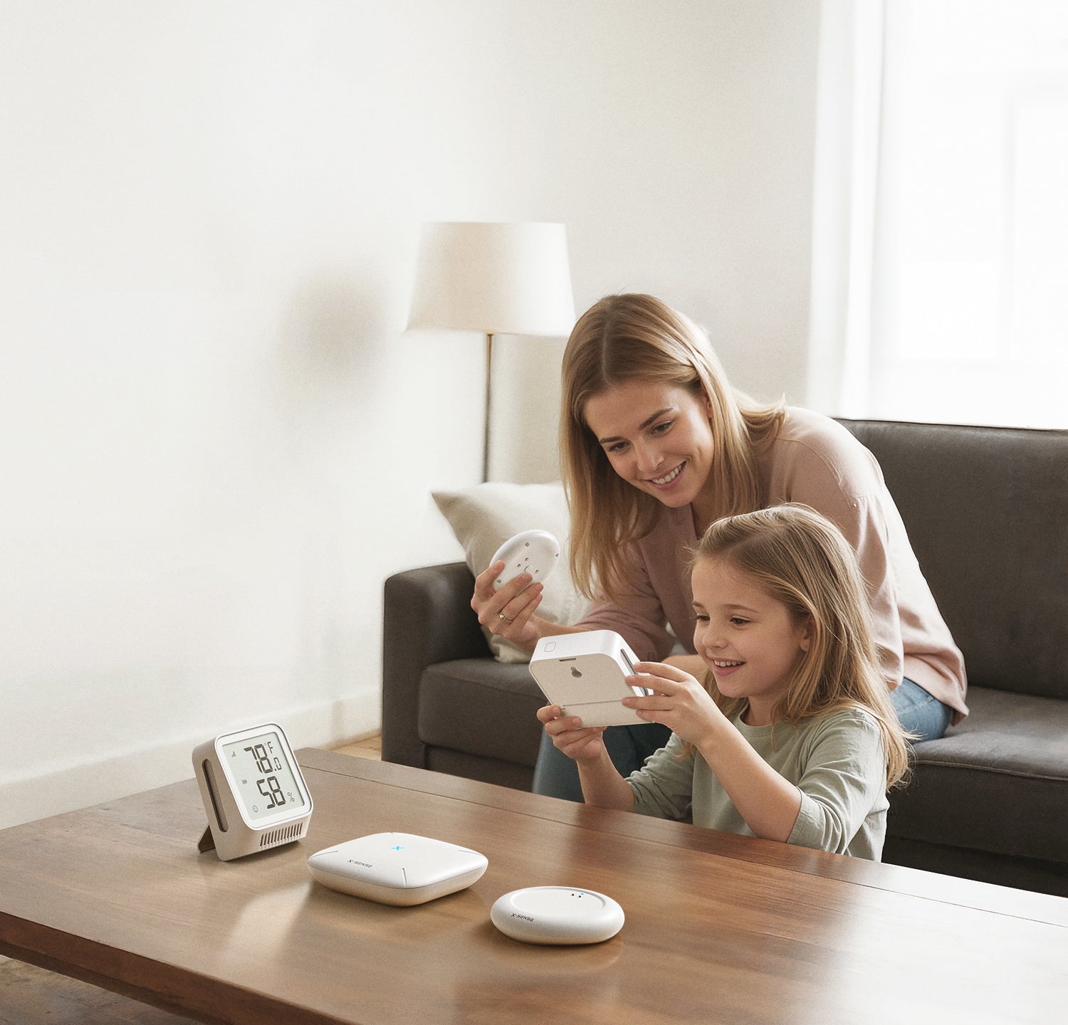 Woman and child interacting with smart home devices on a table in a living room.